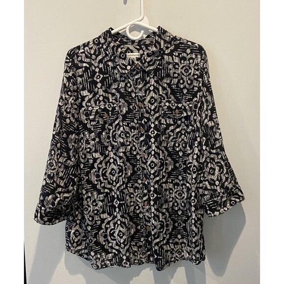 CROFT & BARROW 2X black/white print 3/4 Sleeve Button Blouse. - Picture 1 of 6